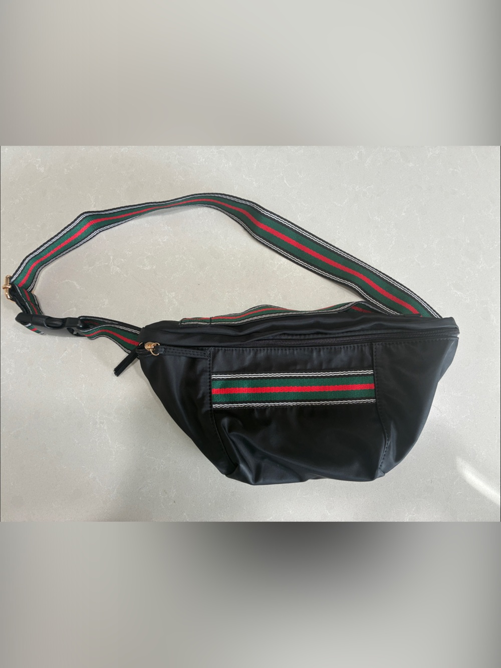 Urban Expressions Black Belt Bag with Red and Green Stripe Accent